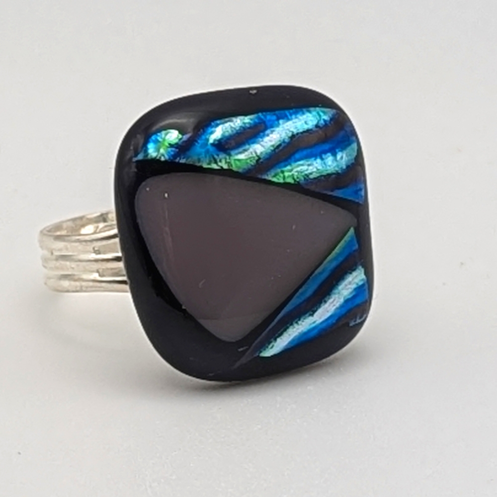 Handmade glass statement ring purple, dichroic glass silver plate adjustable